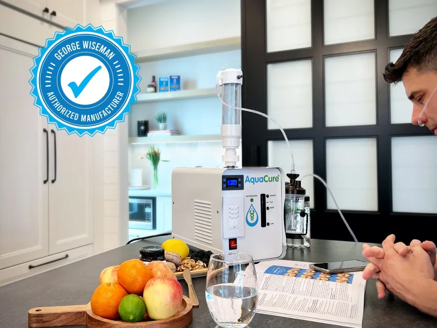 Person using AquaCure AC50 hydrogen breathing machine at home